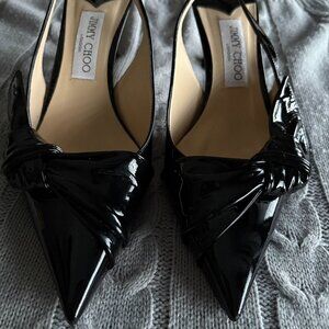 Jimmy Choo Black Elinor 65 Patent-Leather Slingback Pumps w/ Bow Detail